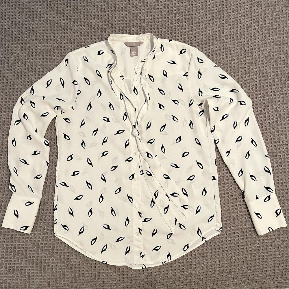 H&M Black and White Patterned Long Sleeve Blouse Womens 2